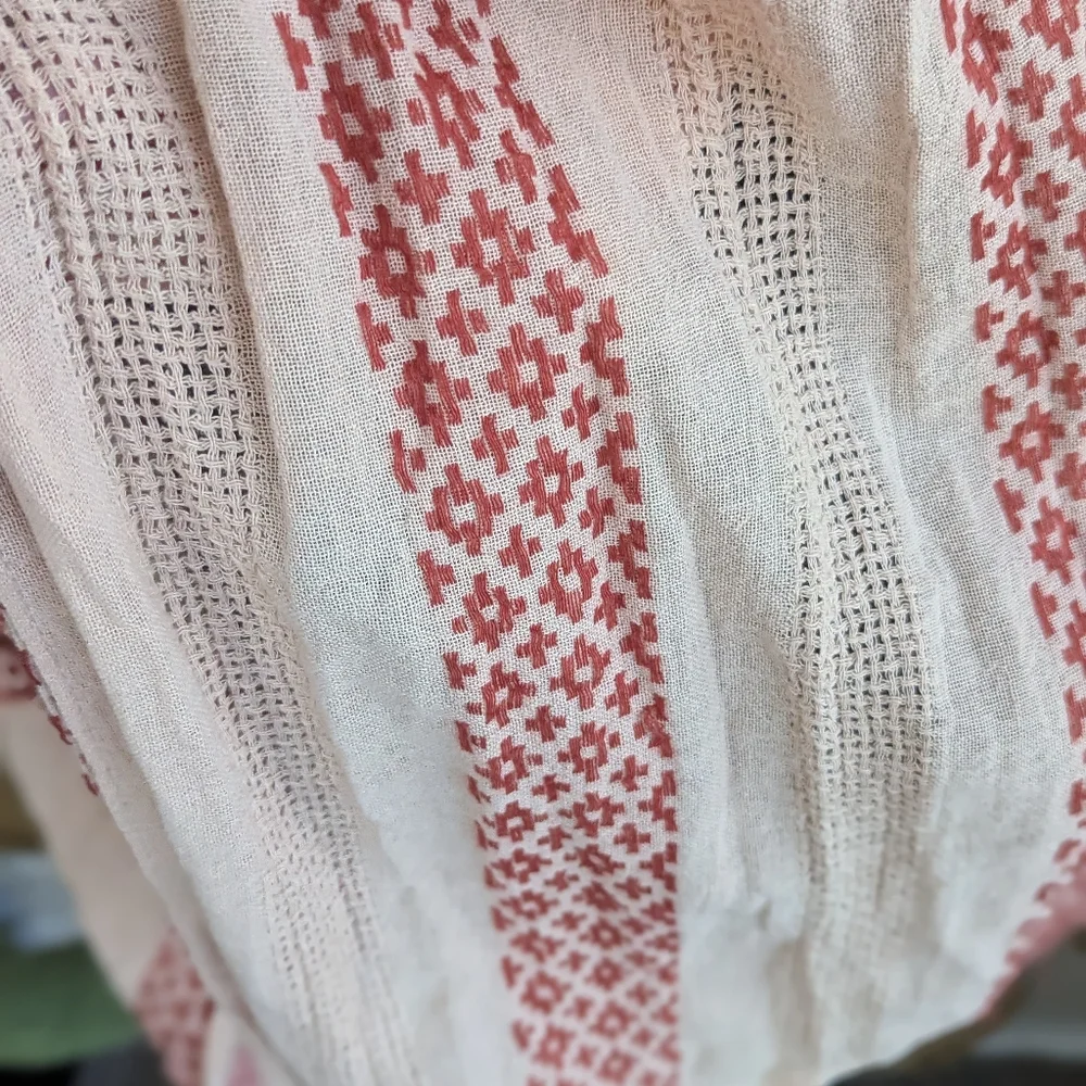 Bohemian Woven Blanket Scarf Cream & Red Hippie Wrap Resortwear Coastal Vacation